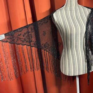 Antique black and metallic ornate lace piano shawl